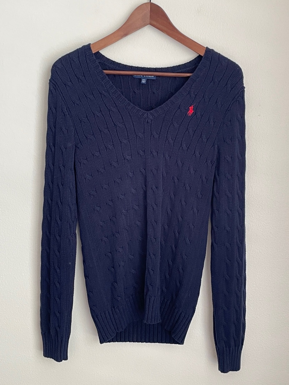 Ralph Lauren Navy Blue Cable Knit V-Neck Sweater Pony Logo 100% Cotton Old Money